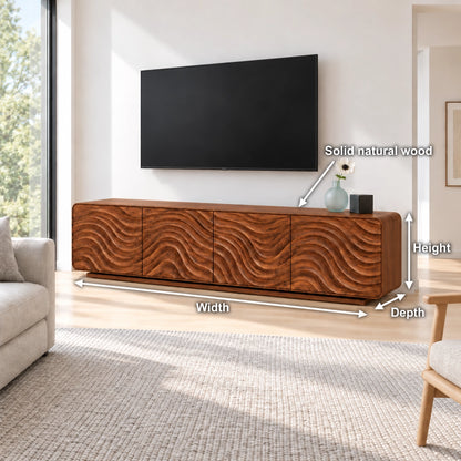 TV Stand with Wave-Carved Doors in Natural Solid Wood for Living Rooms - Woodenecho - 6