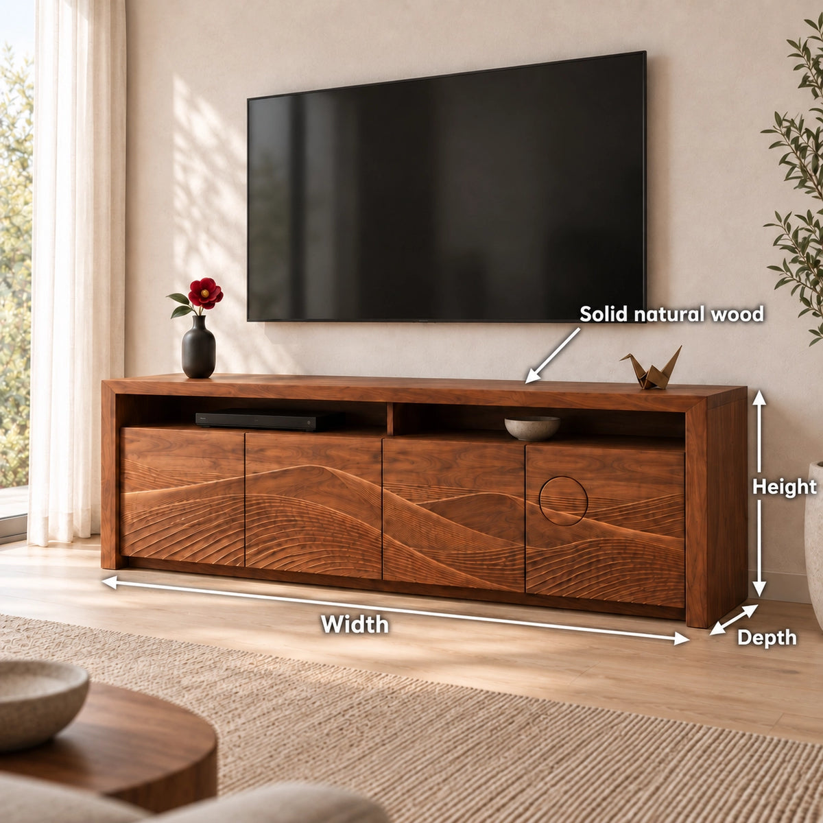 TV Stand with Wave-Carved Doors in Natural Solid Wood for Living Rooms - Woodenecho - 7