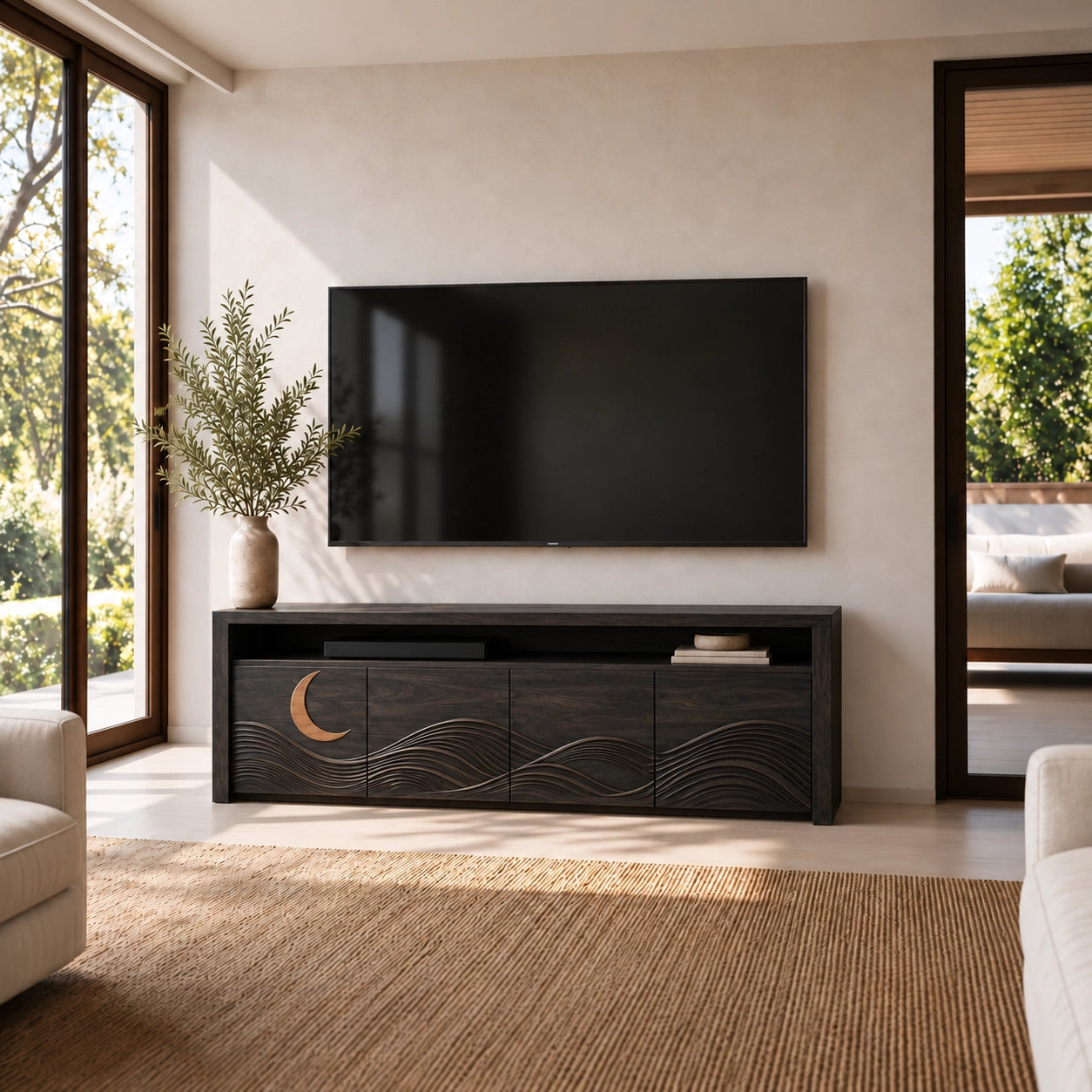 TV Stand with Wave-Carved Doors in Natural Solid Wood for Living Rooms - Woodenecho - 7