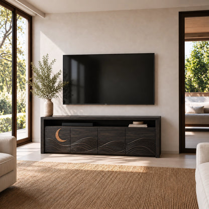 TV Stand with Wave-Carved Doors in Natural Solid Wood for Living Rooms - Woodenecho - 7