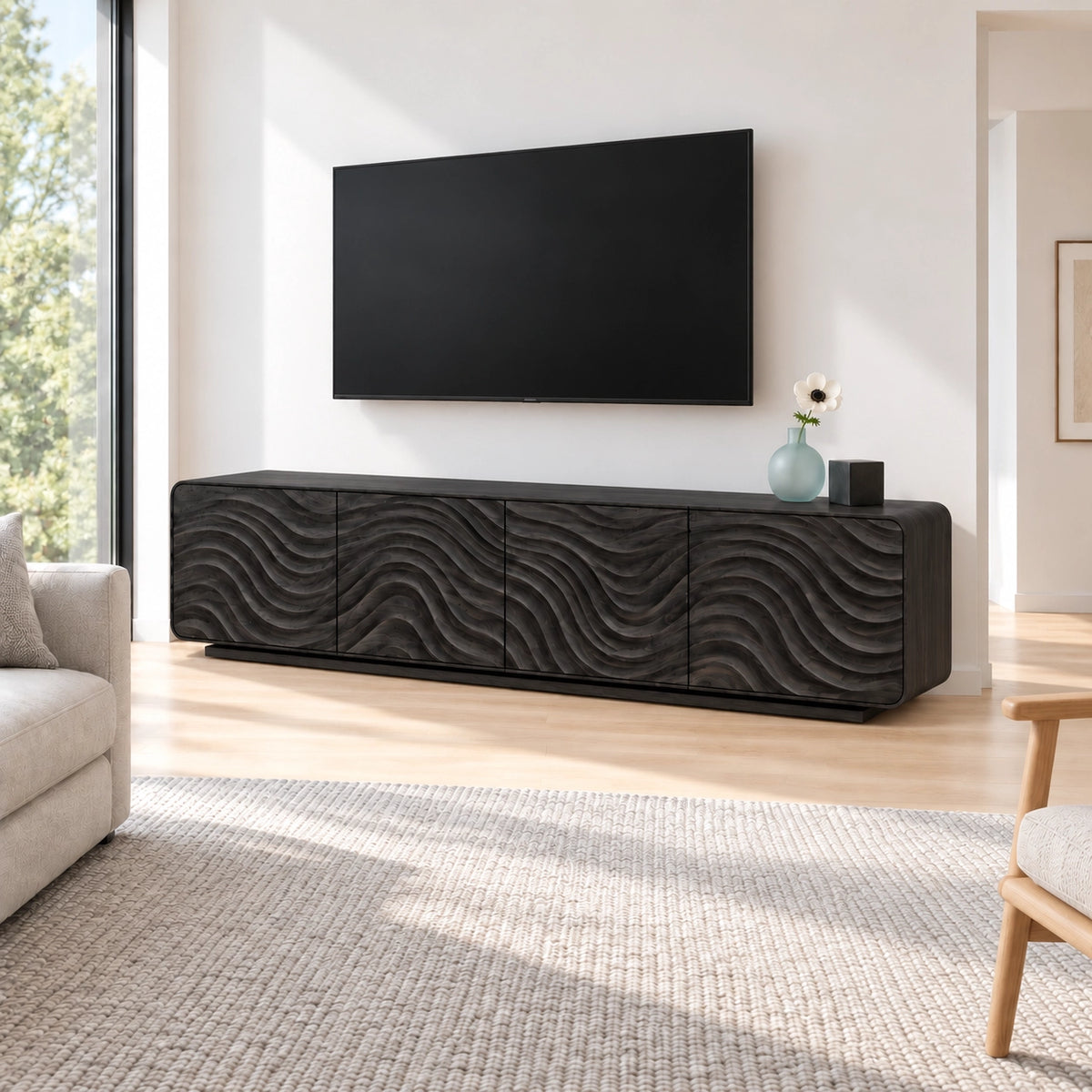 TV Stand with Wave-Carved Doors in Natural Solid Wood for Living Rooms - Woodenecho - 7