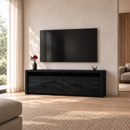TV Stand with Wave-Carved Doors in Natural Solid Wood for Living Rooms - Woodenecho - 8