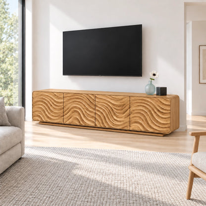 TV Stand with Wave-Carved Doors in Natural Solid Wood for Living Rooms - Woodenecho - 8