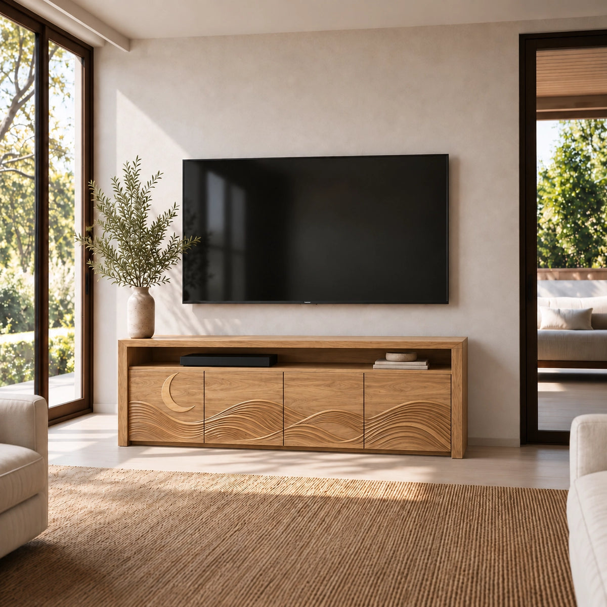 TV Stand with Wave-Carved Doors in Natural Solid Wood for Living Rooms - Woodenecho - 8