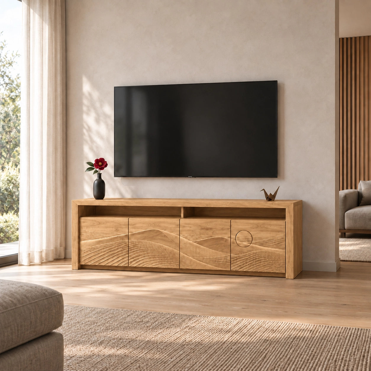 TV Stand with Wave-Carved Doors in Natural Solid Wood for Living Rooms - Woodenecho - 9