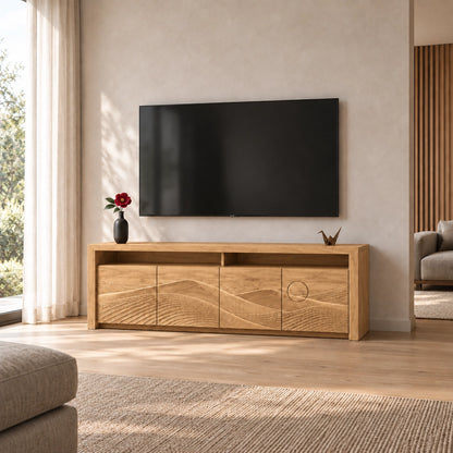 TV Stand with Wave-Carved Doors in Natural Solid Wood for Living Rooms - Woodenecho - 9