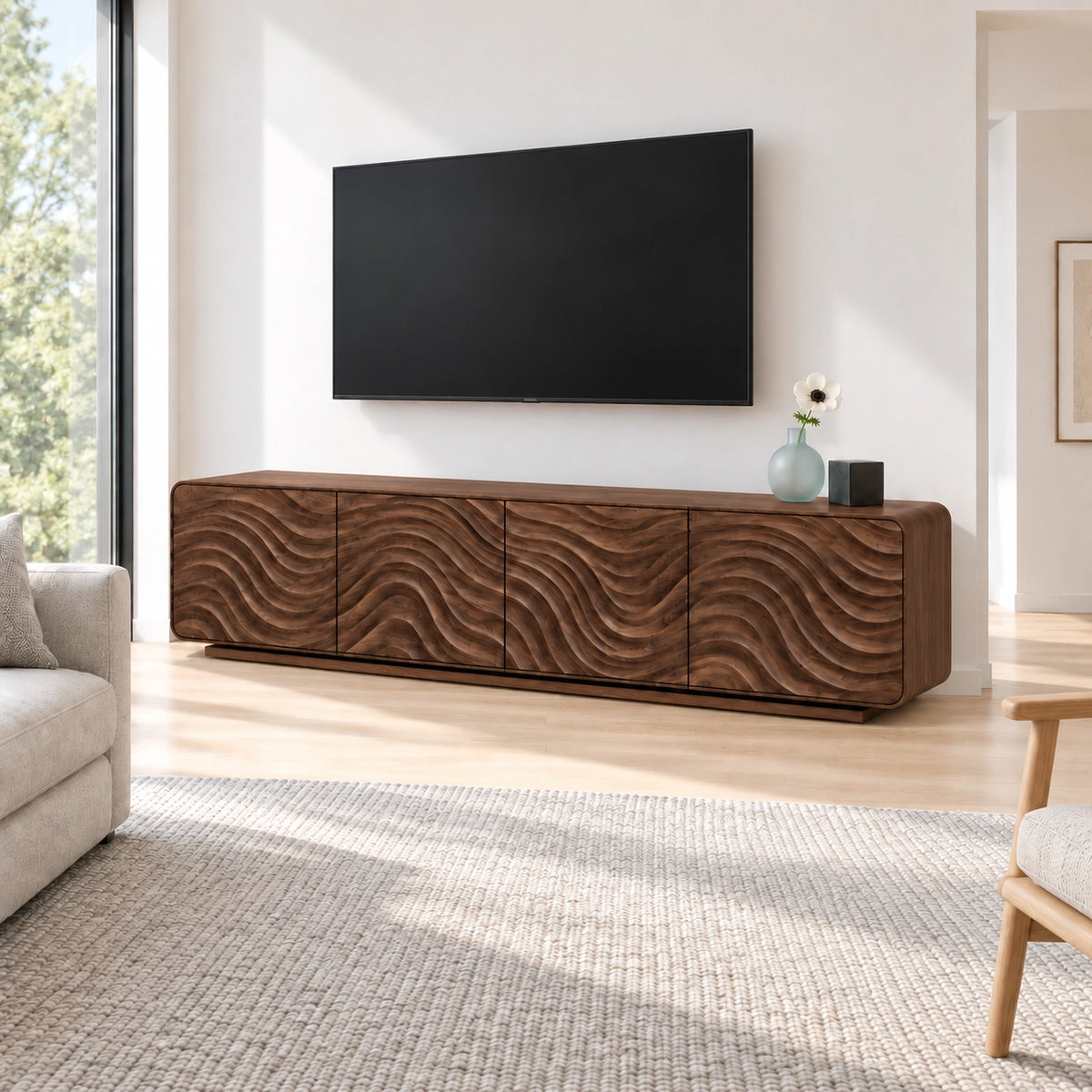 TV Stand with Wave-Carved Doors in Natural Solid Wood for Living Rooms - Woodenecho - 9