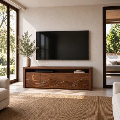 TV Stand with Wave-Carved Doors in Natural Solid Wood for Living Rooms - Woodenecho - 9