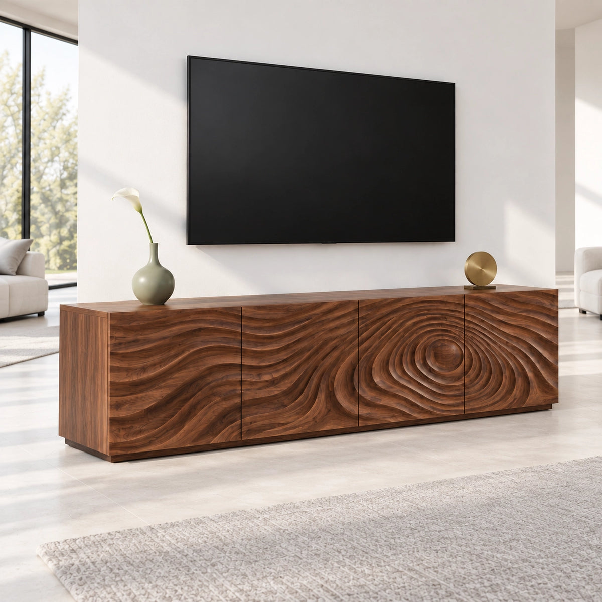 TV Stand with Wave-Carved Doors in Natural Solid Wood in Six Sizes - Woodenecho - 1