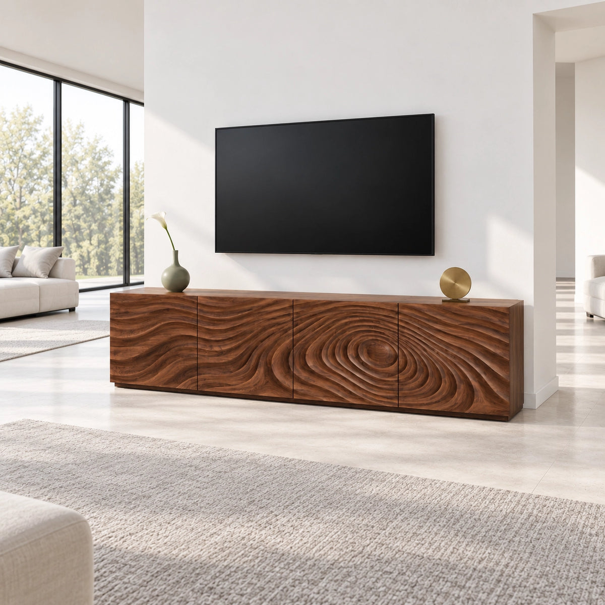 TV Stand with Wave-Carved Doors in Natural Solid Wood in Six Sizes - Woodenecho - 2