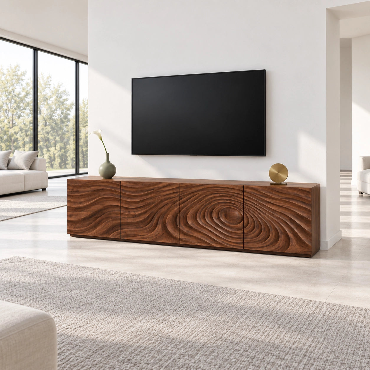 TV Stand with Wave-Carved Doors in Natural Solid Wood in Six Sizes - Woodenecho - 2