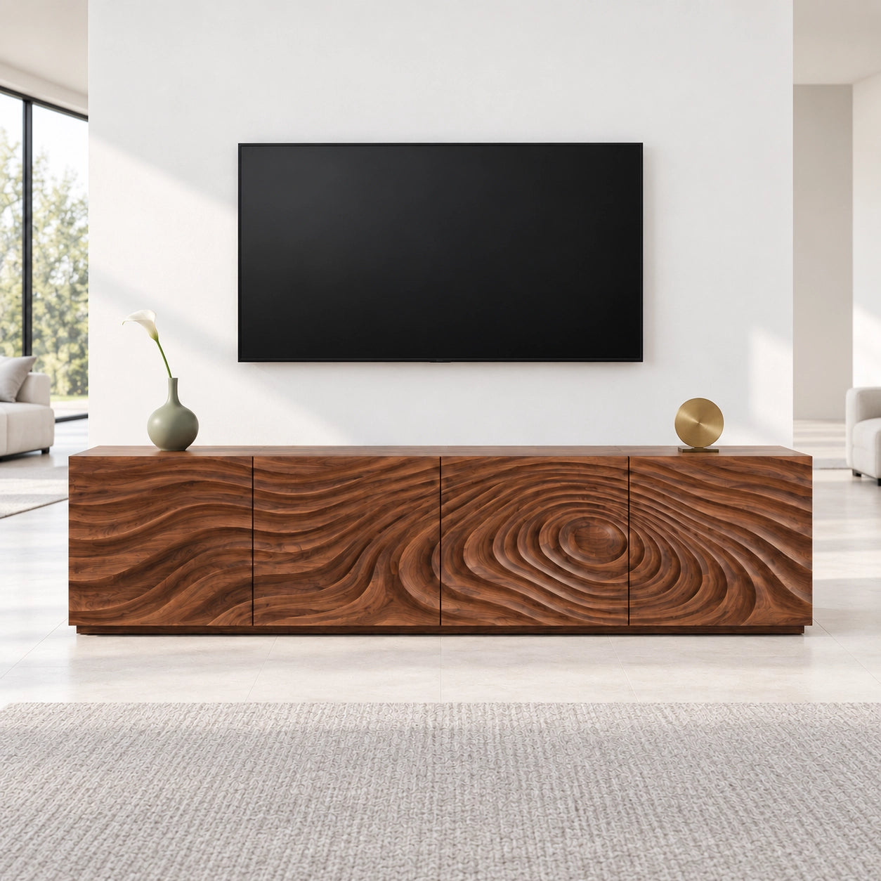 TV Stand with Wave-Carved Doors in Natural Solid Wood in Six Sizes - Woodenecho - 3