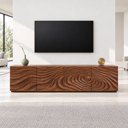 TV Stand with Wave-Carved Doors in Natural Solid Wood in Six Sizes - Woodenecho - 3