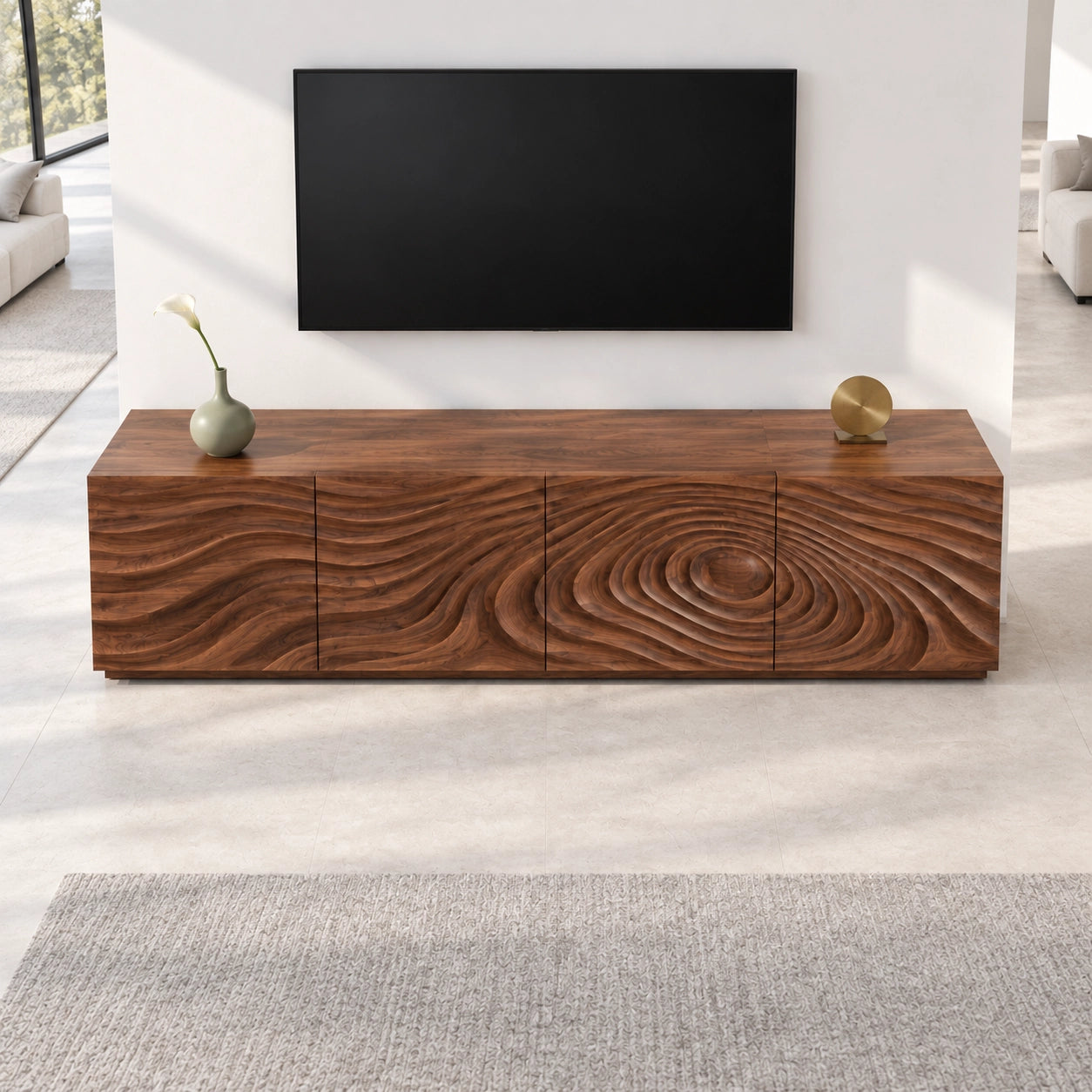 TV Stand with Wave-Carved Doors in Natural Solid Wood in Six Sizes - Woodenecho - 4