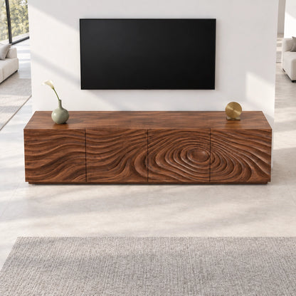 TV Stand with Wave-Carved Doors in Natural Solid Wood in Six Sizes - Woodenecho - 4