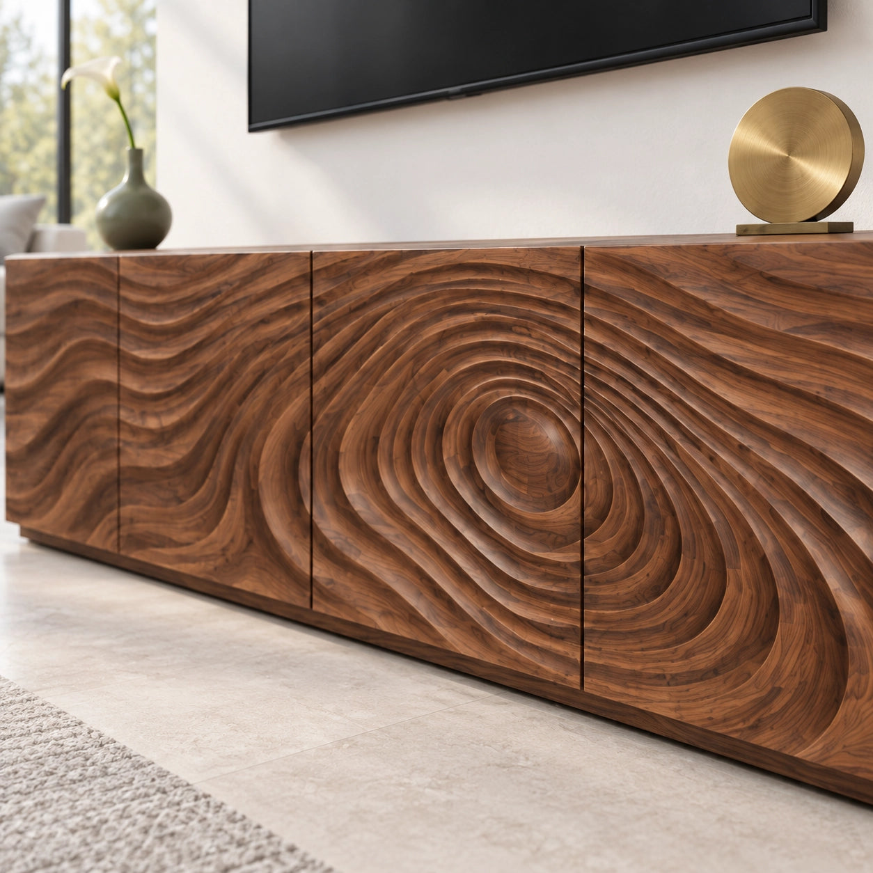 TV Stand with Wave-Carved Doors in Natural Solid Wood in Six Sizes - Woodenecho - 5