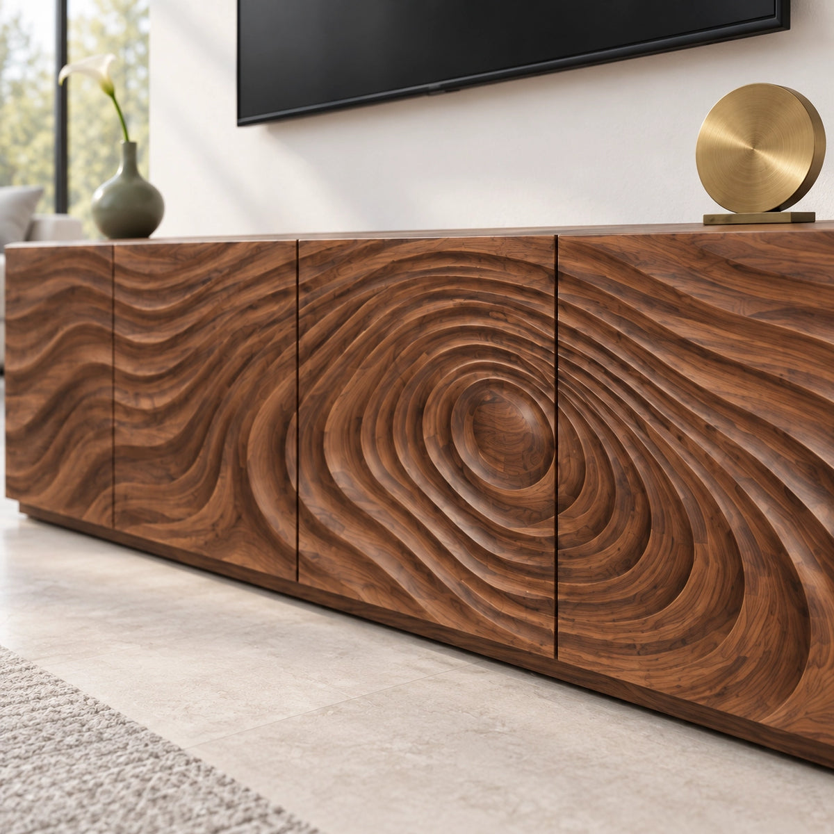 TV Stand with Wave-Carved Doors in Natural Solid Wood in Six Sizes - Woodenecho - 5