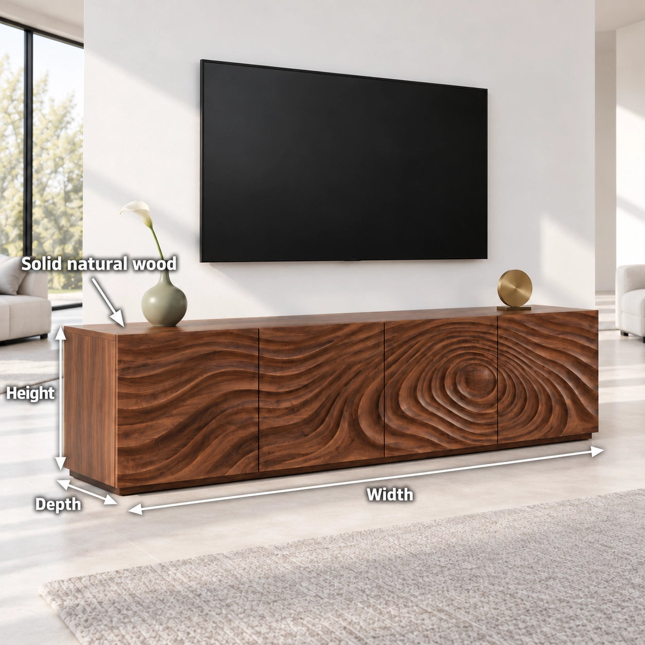 TV Stand with Wave-Carved Doors in Natural Solid Wood in Six Sizes - Woodenecho - 6