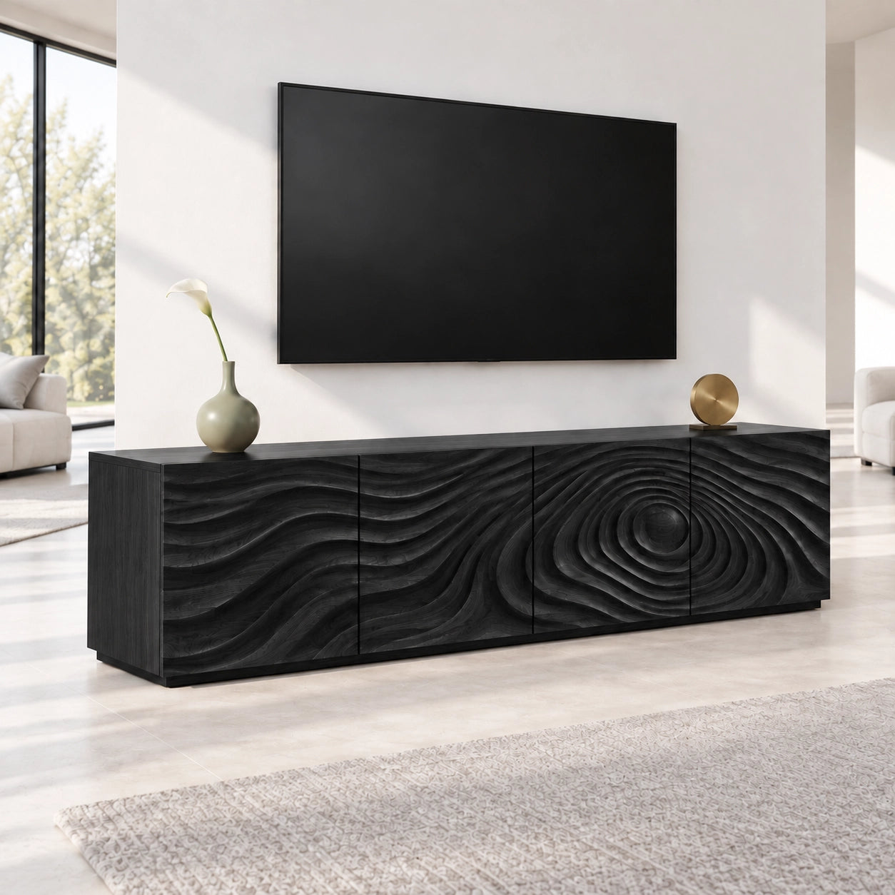 TV Stand with Wave-Carved Doors in Natural Solid Wood in Six Sizes - Woodenecho - 7