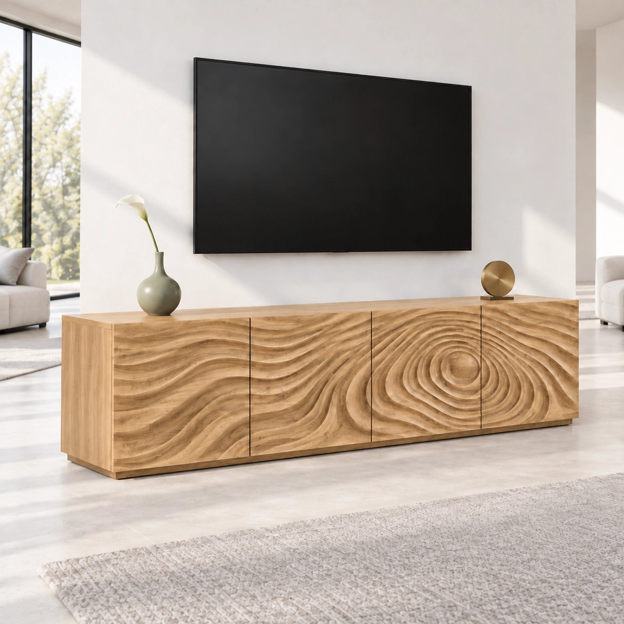 TV Stand with Wave-Carved Doors in Natural Solid Wood in Six Sizes - Woodenecho - 8