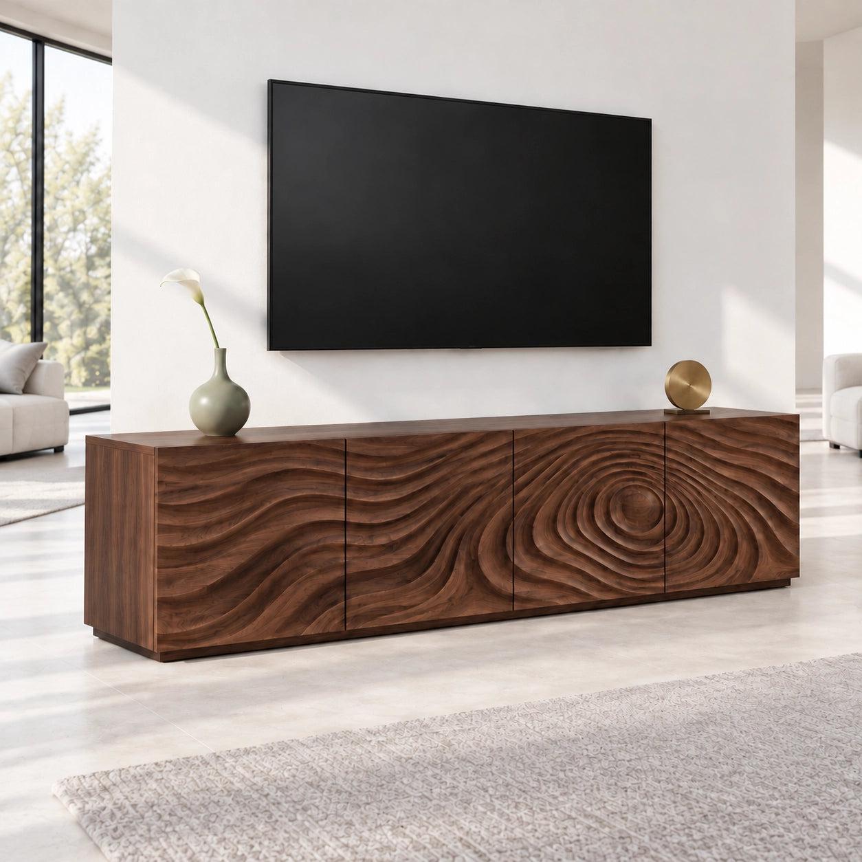TV Stand with Wave-Carved Doors in Natural Solid Wood in Six Sizes - Woodenecho - 9