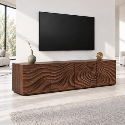 TV Stand with Wave-Carved Doors in Natural Solid Wood in Six Sizes - Woodenecho - 9
