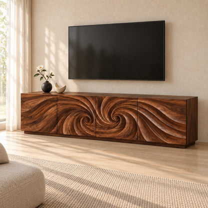 TV Stand with Wave-Carved Natural Solid Wood Cabinet Doors in Six Sizes - Woodenecho - 1