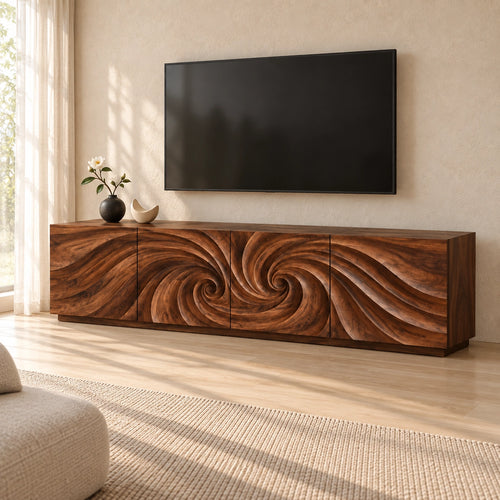 TV Stand with Wave-Carved Natural Solid Wood Cabinet Doors in Six Sizes - Woodenecho - 1