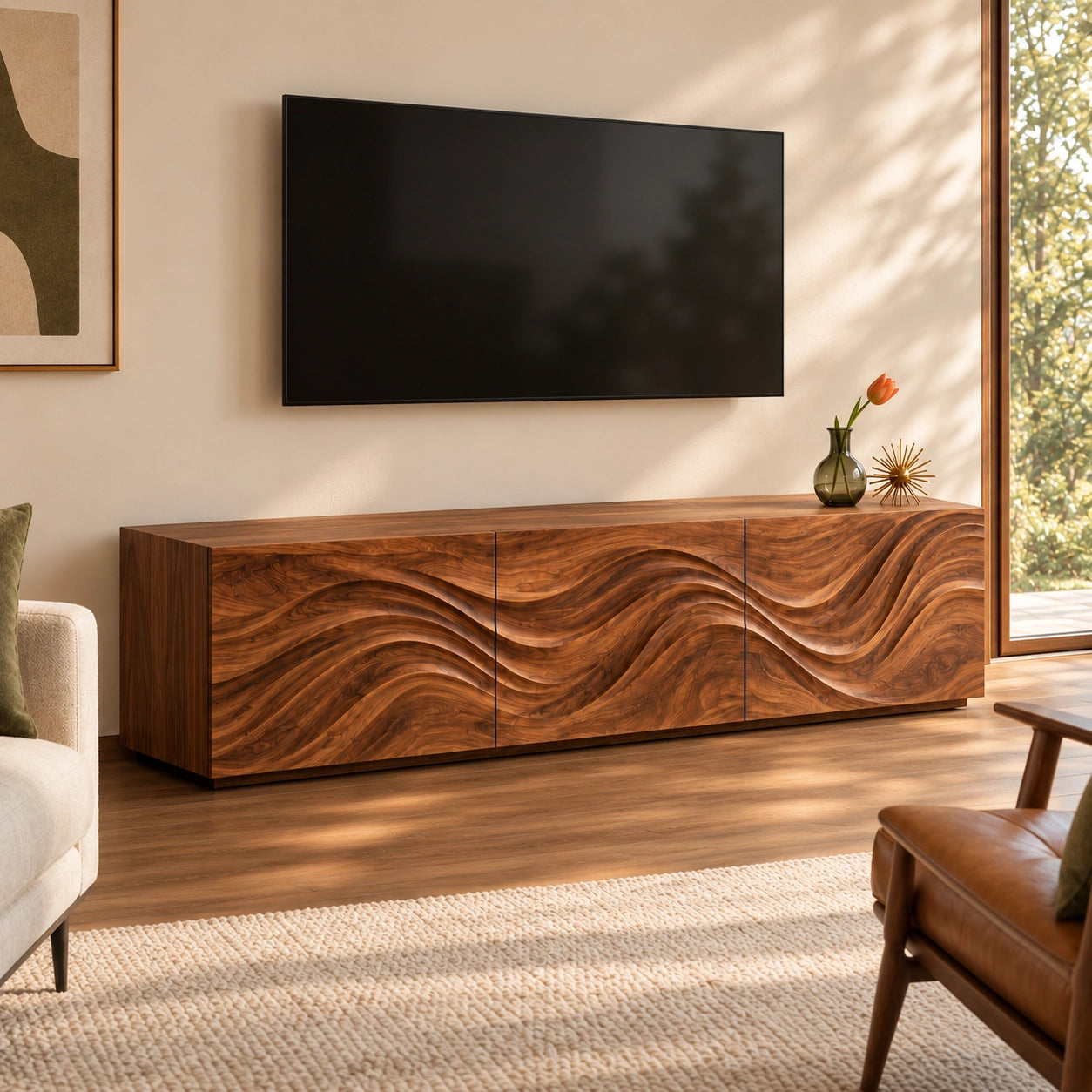 TV Stand with Wave-Carved Natural Solid Wood Cabinet Doors in Six Sizes - Woodenecho - 1