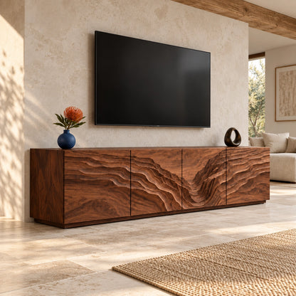 TV Stand with Wave-Carved Natural Solid Wood Cabinet Doors in Six Sizes - Woodenecho - 1