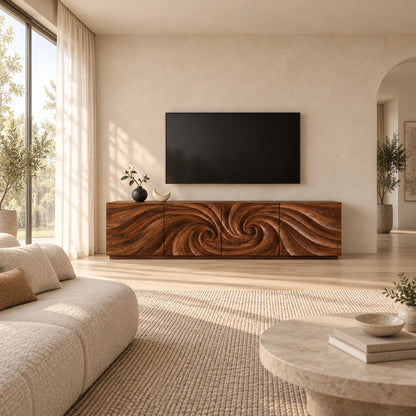 TV Stand with Wave-Carved Natural Solid Wood Cabinet Doors in Six Sizes - Woodenecho - 2