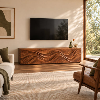 TV Stand with Wave-Carved Natural Solid Wood Cabinet Doors in Six Sizes - Woodenecho - 2