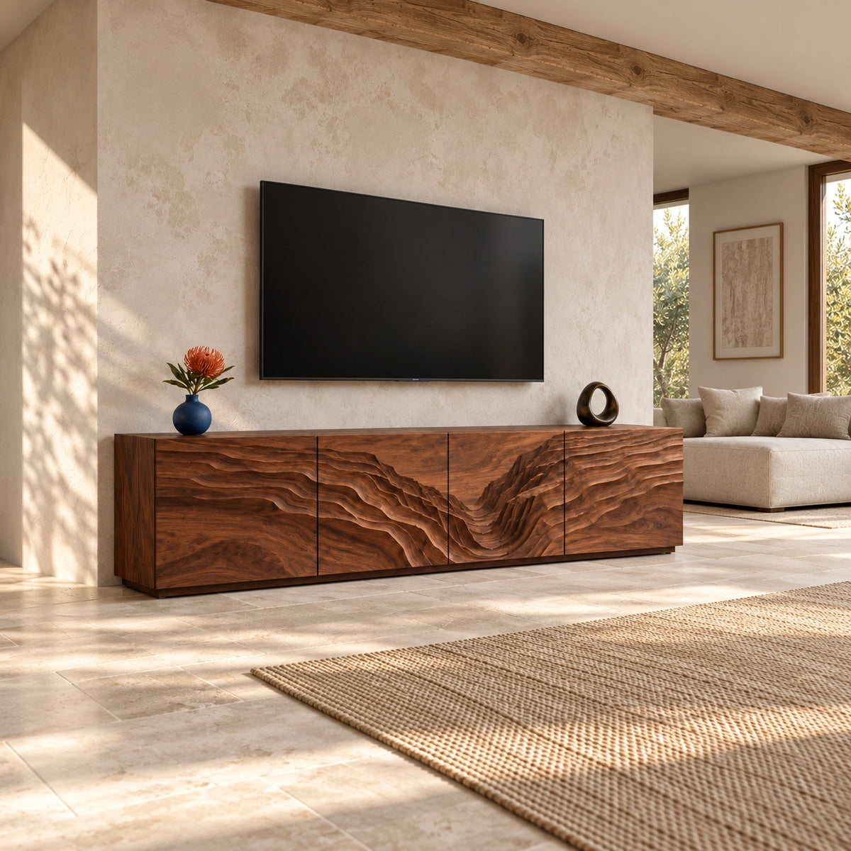 TV Stand with Wave-Carved Natural Solid Wood Cabinet Doors in Six Sizes - Woodenecho - 2