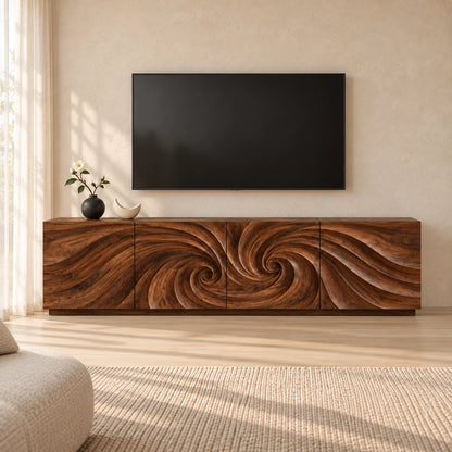 TV Stand with Wave-Carved Natural Solid Wood Cabinet Doors in Six Sizes - Woodenecho - 3