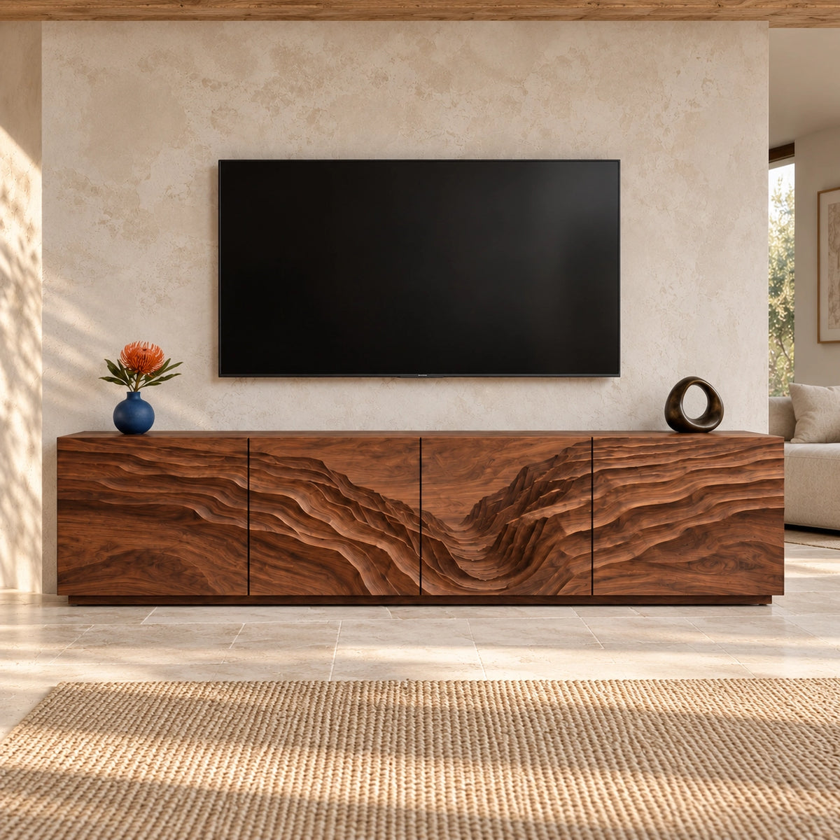 TV Stand with Wave-Carved Natural Solid Wood Cabinet Doors in Six Sizes - Woodenecho - 3
