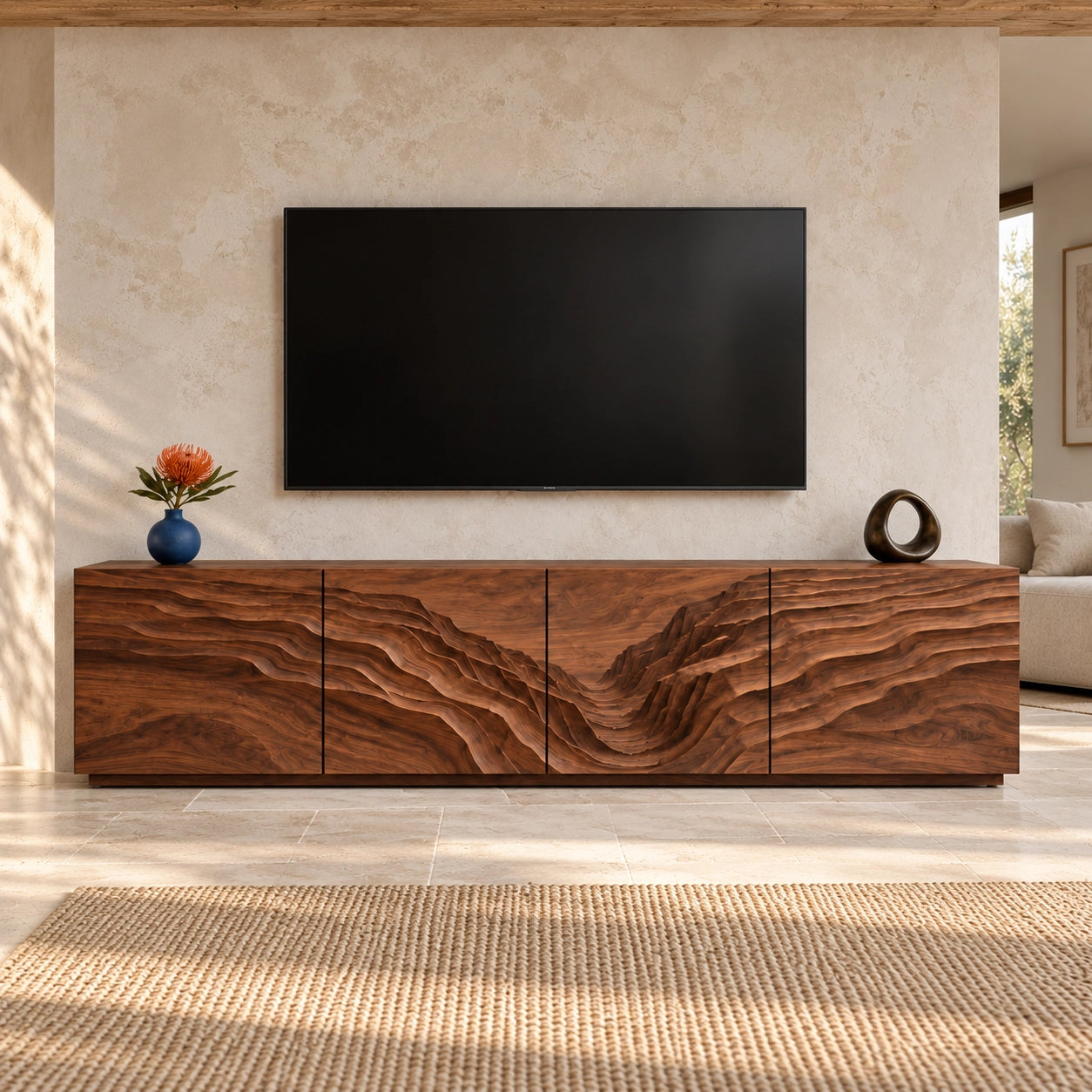 TV Stand with Wave-Carved Natural Solid Wood Cabinet Doors in Six Sizes - Woodenecho - 3