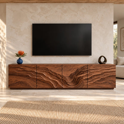 TV Stand with Wave-Carved Natural Solid Wood Cabinet Doors in Six Sizes - Woodenecho - 3