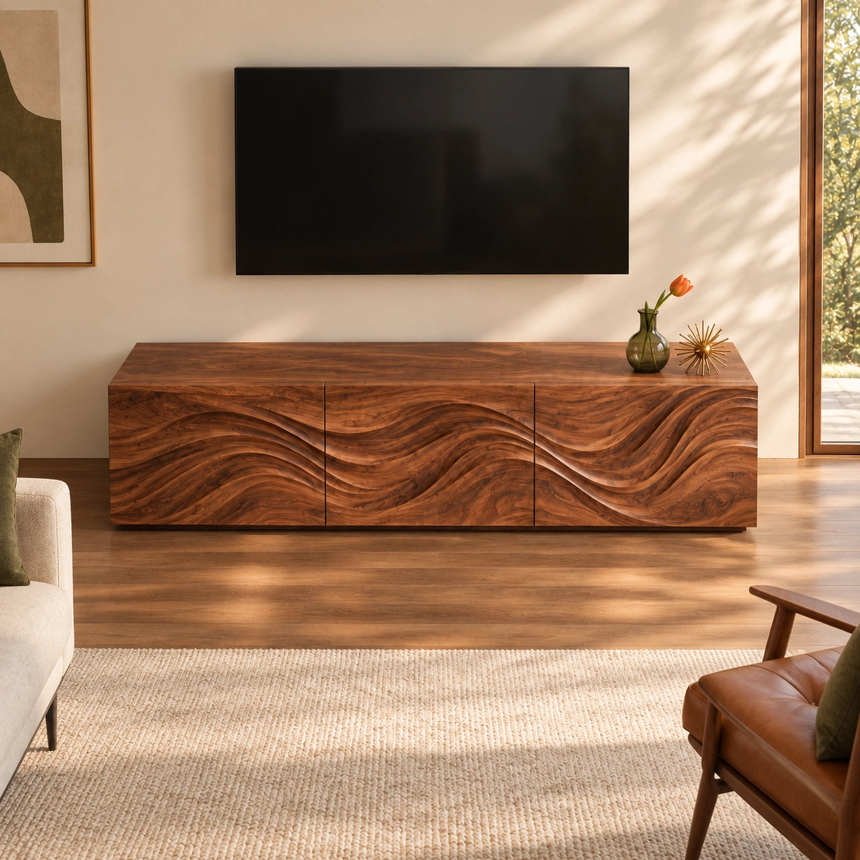 TV Stand with Wave-Carved Natural Solid Wood Cabinet Doors in Six Sizes - Woodenecho - 3