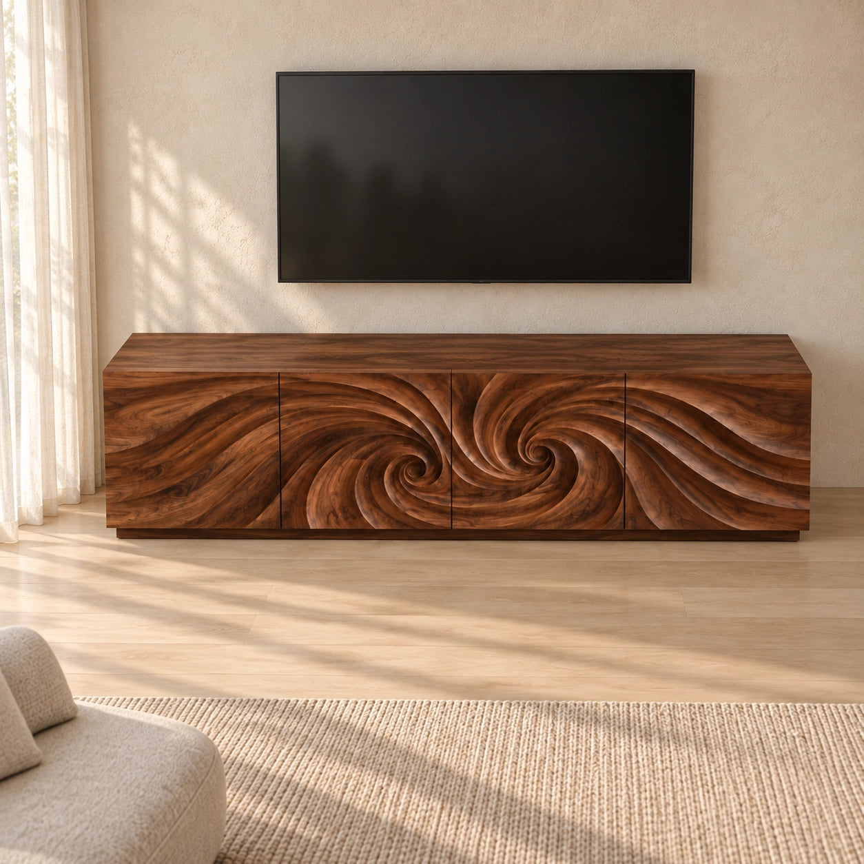 TV Stand with Wave-Carved Natural Solid Wood Cabinet Doors in Six Sizes - Woodenecho - 4