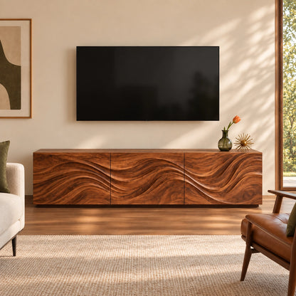 TV Stand with Wave-Carved Natural Solid Wood Cabinet Doors in Six Sizes - Woodenecho - 4