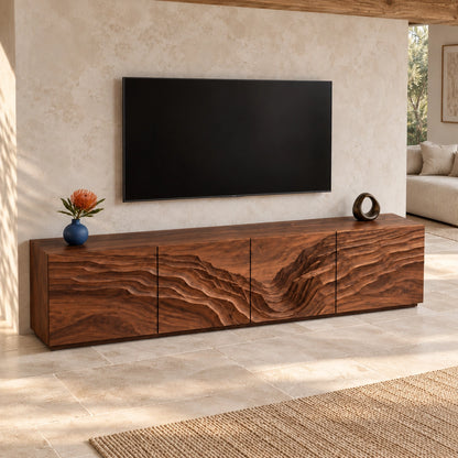 TV Stand with Wave-Carved Natural Solid Wood Cabinet Doors in Six Sizes - Woodenecho - 4