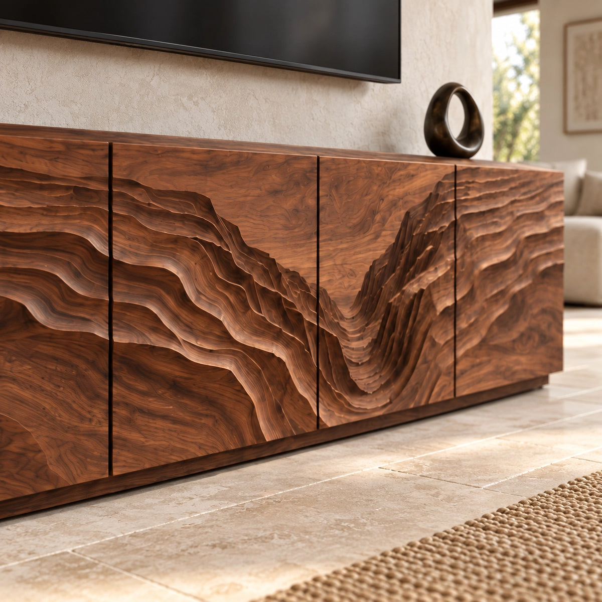 TV Stand with Wave-Carved Natural Solid Wood Cabinet Doors in Six Sizes - Woodenecho - 5