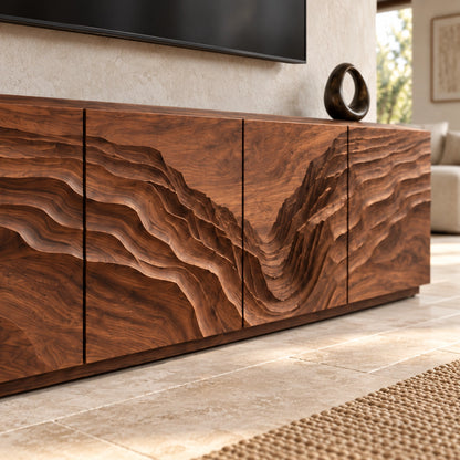 TV Stand with Wave-Carved Natural Solid Wood Cabinet Doors in Six Sizes - Woodenecho - 5