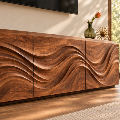TV Stand with Wave-Carved Natural Solid Wood Cabinet Doors in Six Sizes - Woodenecho - 5