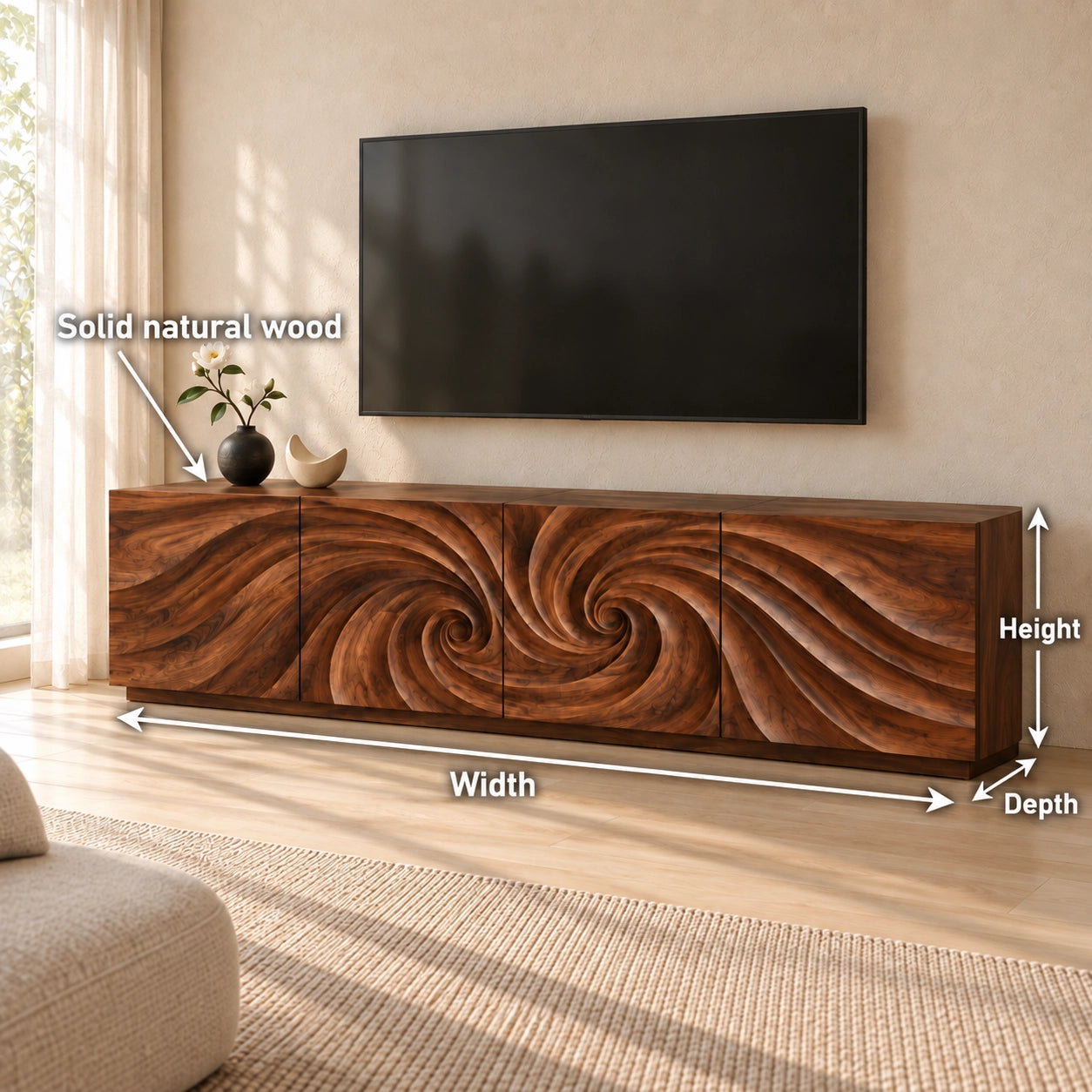 TV Stand with Wave-Carved Natural Solid Wood Cabinet Doors in Six Sizes - Woodenecho - 6