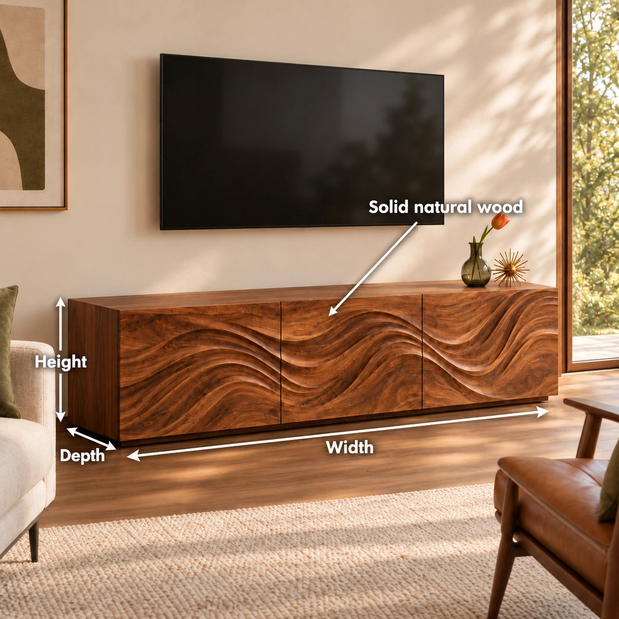 TV Stand with Wave-Carved Natural Solid Wood Cabinet Doors in Six Sizes - Woodenecho - 6
