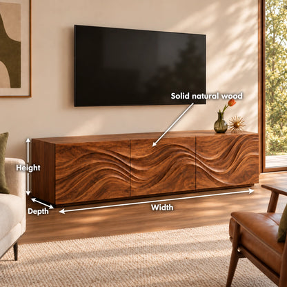 TV Stand with Wave-Carved Natural Solid Wood Cabinet Doors in Six Sizes - Woodenecho - 6
