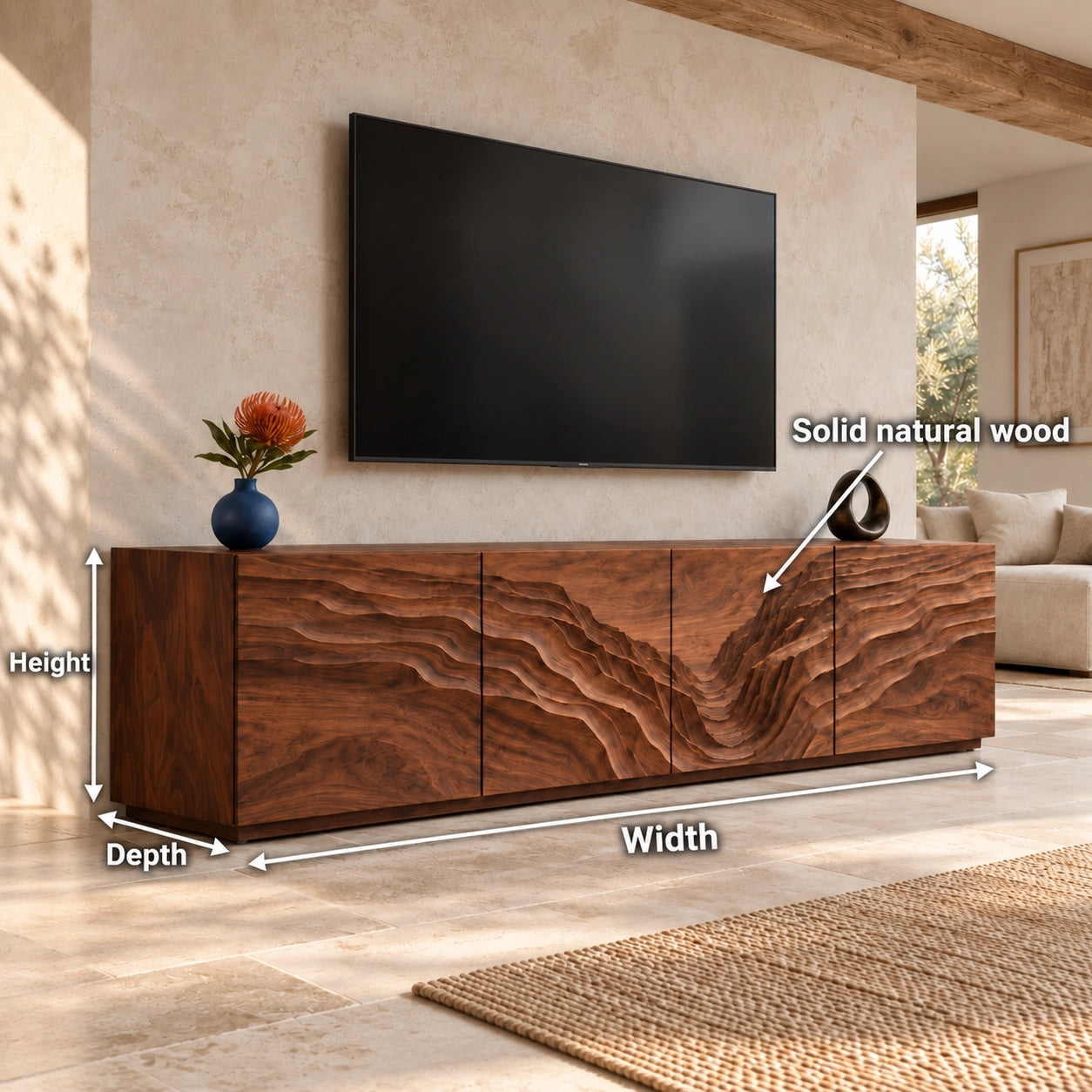 TV Stand with Wave-Carved Natural Solid Wood Cabinet Doors in Six Sizes - Woodenecho - 6