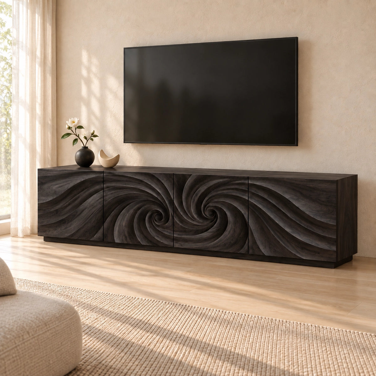 TV Stand with Wave-Carved Natural Solid Wood Cabinet Doors in Six Sizes - Woodenecho - 7