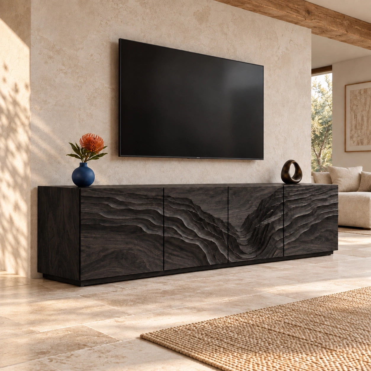TV Stand with Wave-Carved Natural Solid Wood Cabinet Doors in Six Sizes - Woodenecho - 7